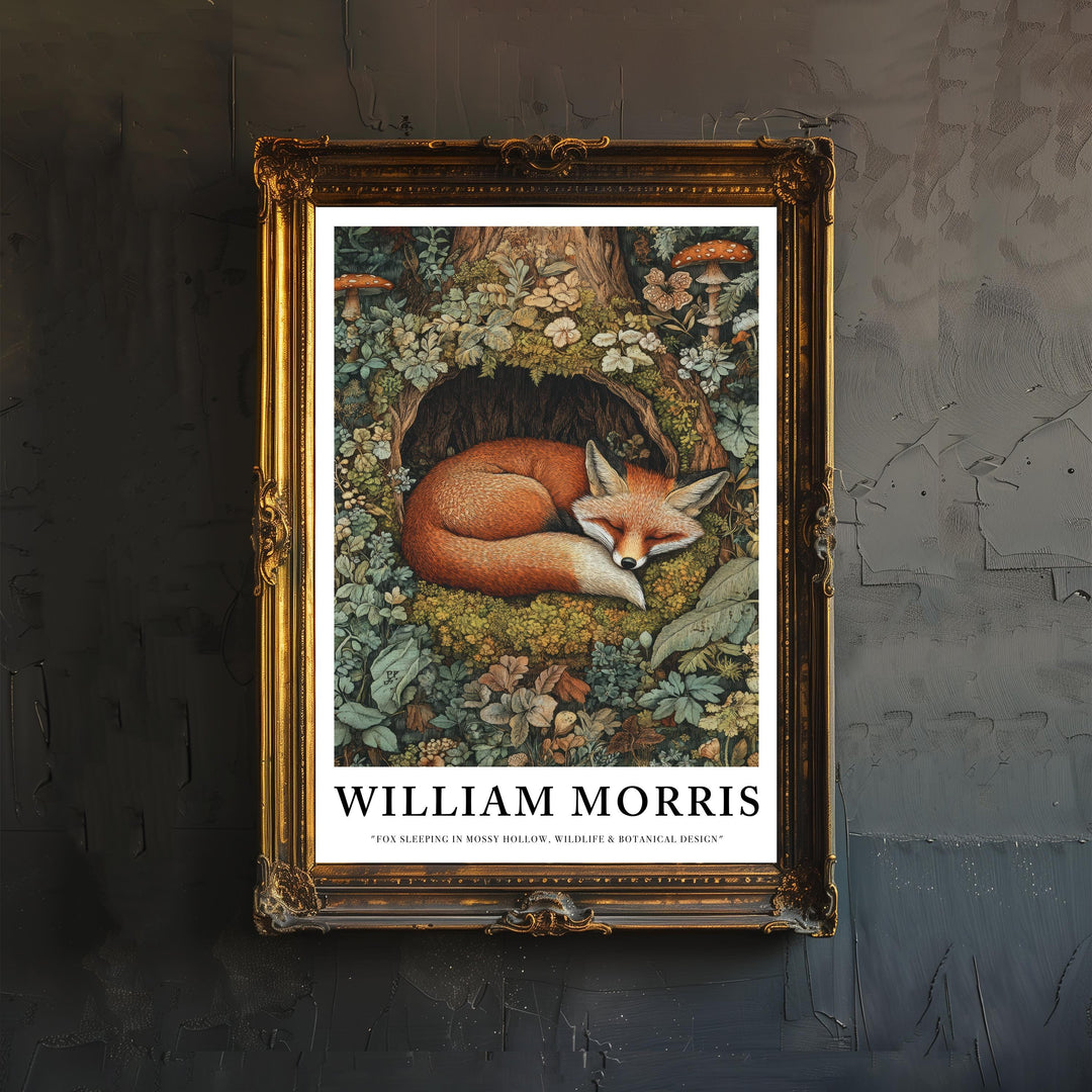 William Morris Fox Sleeping in Mossy Hollow Poster Cottagecore Decor Dark Academia Art Vintage Woodland Illustration Rustic Nature Wall Art
