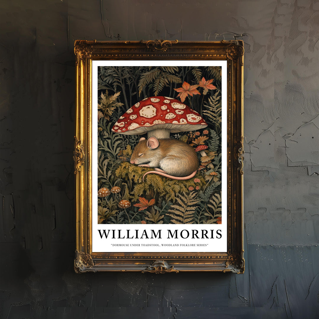 William Morris Dormouse Under Toadstool Poster Cottagecore Decor Fairycore Art Dark Academia Style Vintage Woodland Illustration Rustic