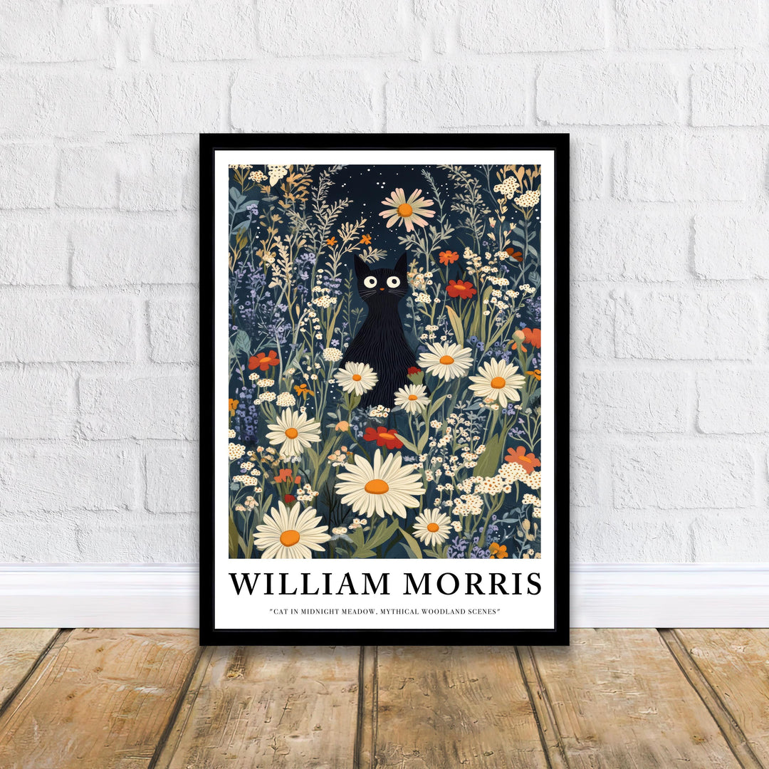 William Morris Cat in Midnight Meadow Poster Cottagecore Decor Dark Academia Art Vintage Botanical Illustration Rustic Nature Wall Art
