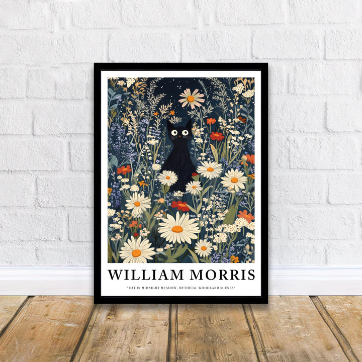 William Morris Cat in Midnight Meadow Poster Cottagecore Decor Dark Academia Art Vintage Botanical Illustration Rustic Nature Wall Art