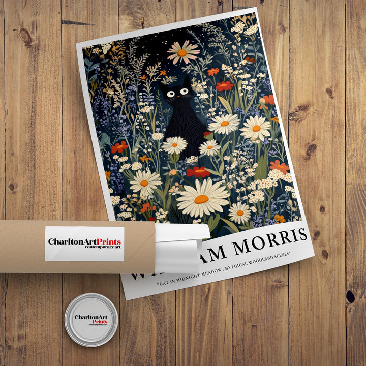 William Morris Cat in Midnight Meadow Poster Cottagecore Decor Dark Academia Art Vintage Botanical Illustration Rustic Nature Wall Art