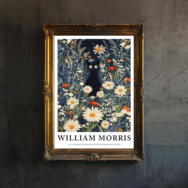 William Morris Cat in Midnight Meadow Poster Cottagecore Decor Dark Academia Art Vintage Botanical Illustration Rustic Nature Wall Art