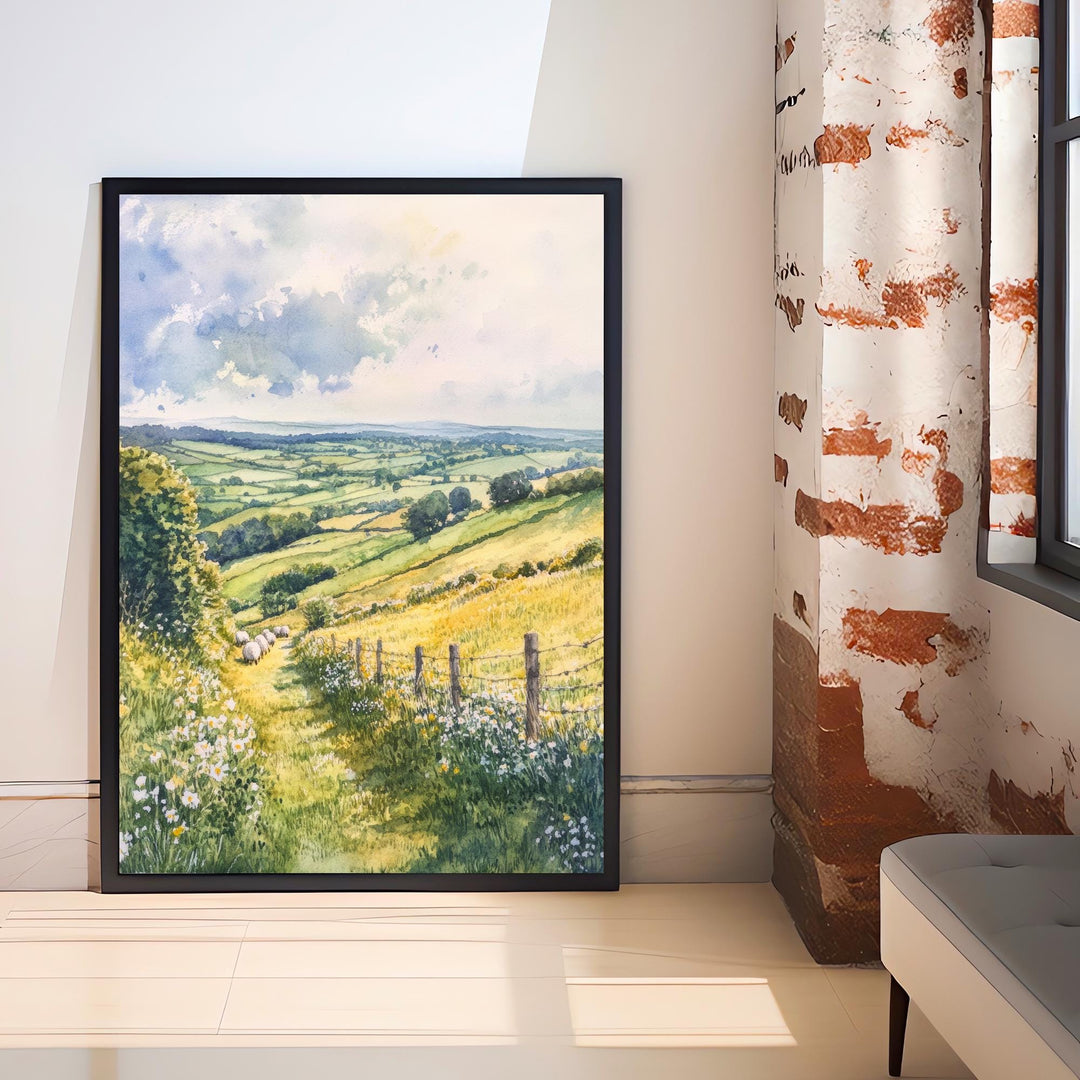 Cotswolds Watercolour Painting Poster England Wall Art Countryside Village Print Gift for UK Travel Lovers and Fans of Scenic British Rural