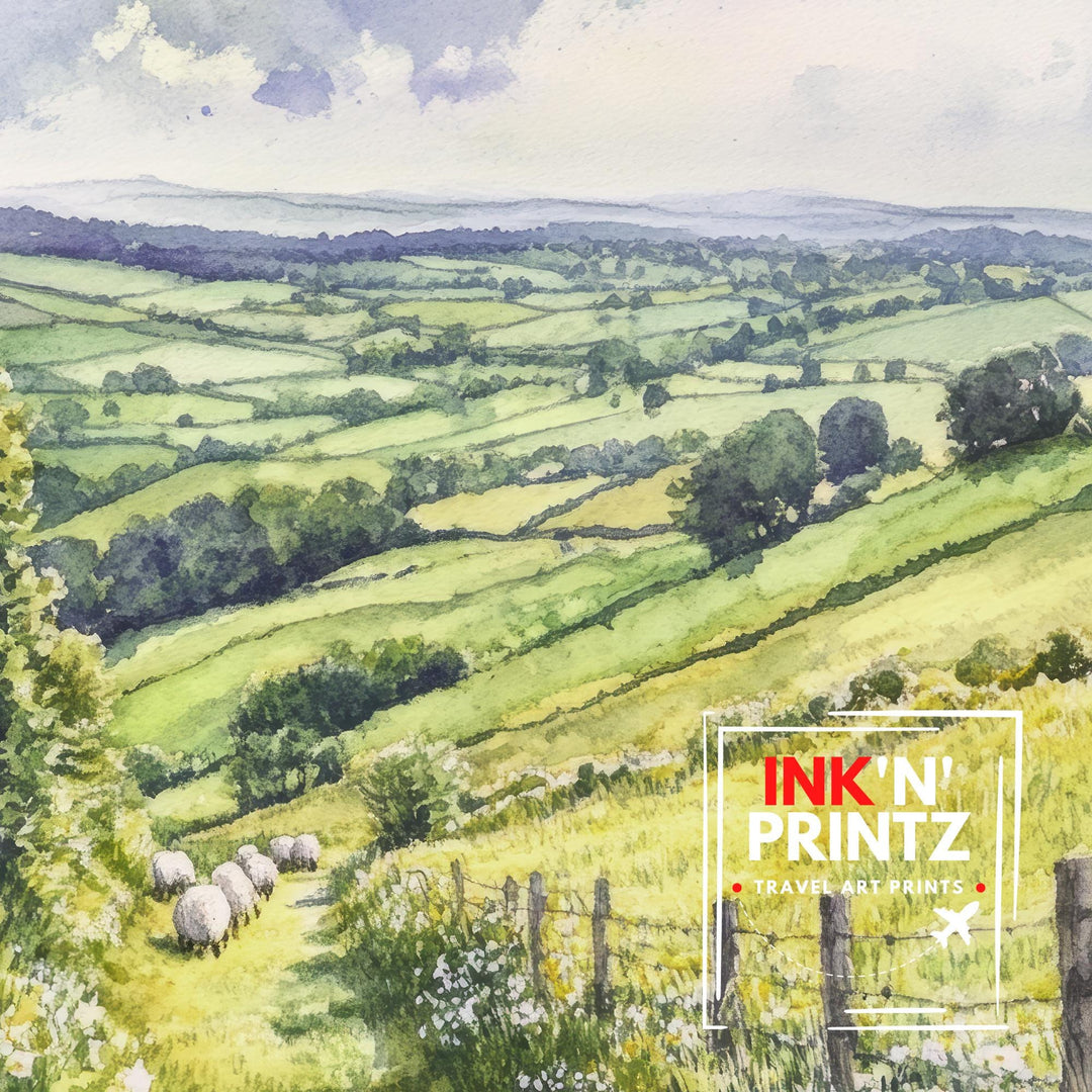 Cotswolds Watercolour Painting Poster England Wall Art Countryside Village Print Gift for UK Travel Lovers and Fans of Scenic British Rural