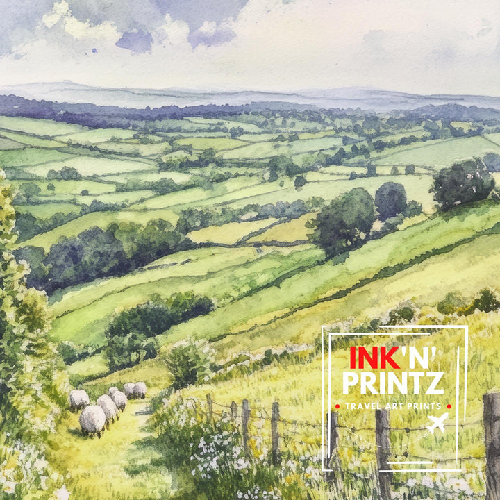 Cotswolds Watercolour Painting Poster England Wall Art Countryside Village Print Gift for UK Travel Lovers and Fans of Scenic British Rural