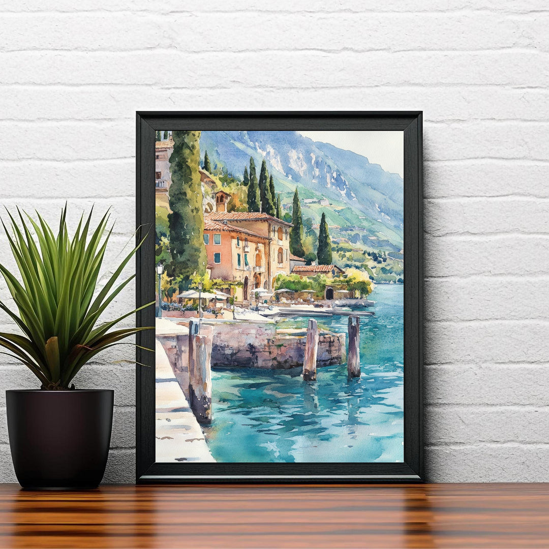 Lake Garda Watercolour Painting Poster Italy Wall Art Coastal Landscape Print Gift for Europe Lovers and Fans of Scenic Italian Lakeside