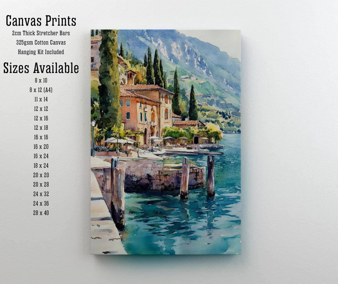 Lake Garda Watercolour Painting Poster Italy Wall Art Coastal Landscape Print Gift for Europe Lovers and Fans of Scenic Italian Lakeside