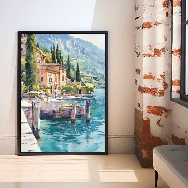 Lake Garda Watercolour Painting Poster Italy Wall Art Coastal Landscape Print Gift for Europe Lovers and Fans of Scenic Italian Lakeside
