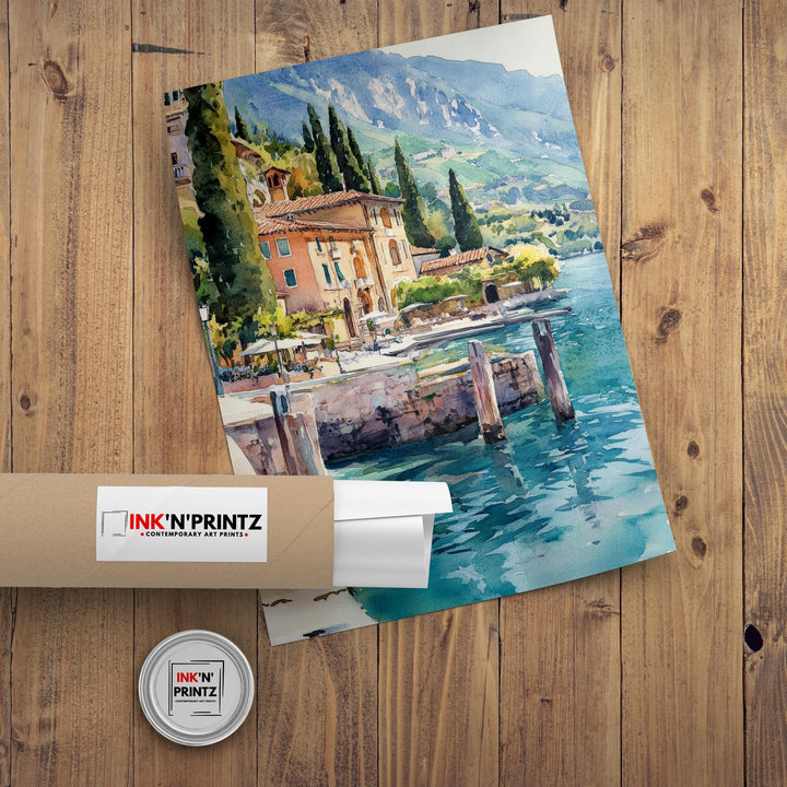 Lake Garda Watercolour Painting Poster Italy Wall Art Coastal Landscape Print Gift for Europe Lovers and Fans of Scenic Italian Lakeside