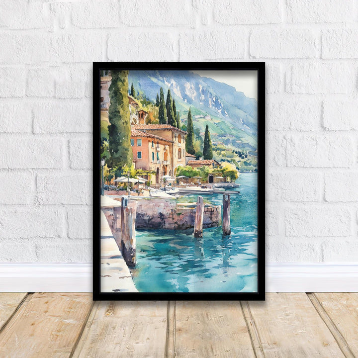 Lake Garda Watercolour Painting Poster Italy Wall Art Coastal Landscape Print Gift for Europe Lovers and Fans of Scenic Italian Lakeside