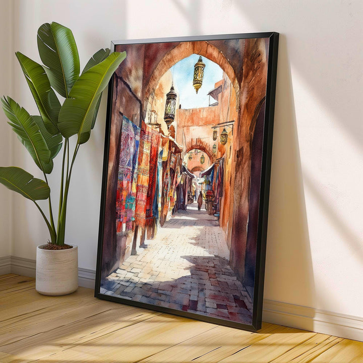 Marrakesh Watercolour Painting Poster Morocco Wall Art City Landscape Print Gift for Africa Lovers and Fans of Scenic Moroccan Architecture