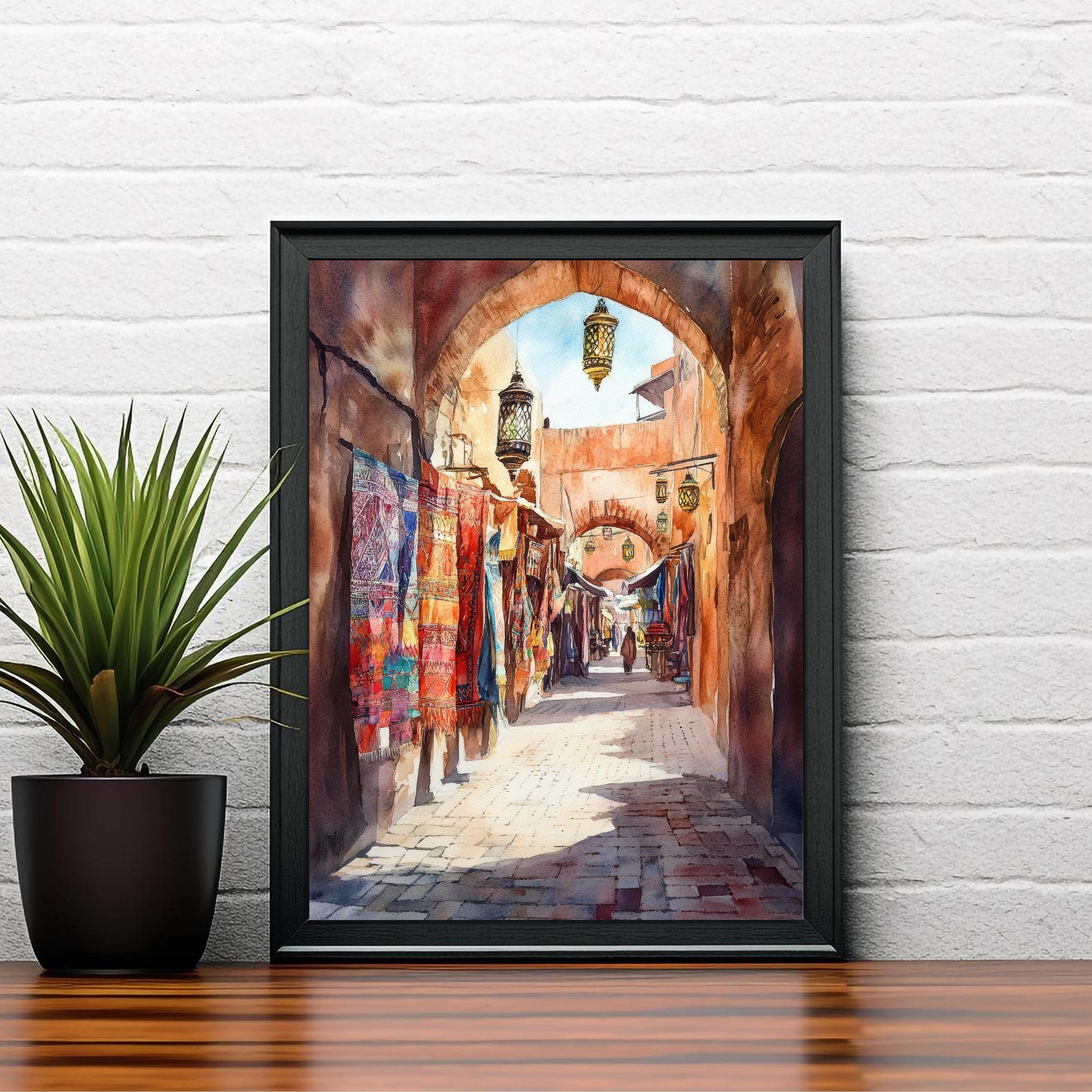 Marrakesh Watercolour Painting Poster Morocco Wall Art City Landscape Print Gift for Africa Lovers and Fans of Scenic Moroccan Architecture