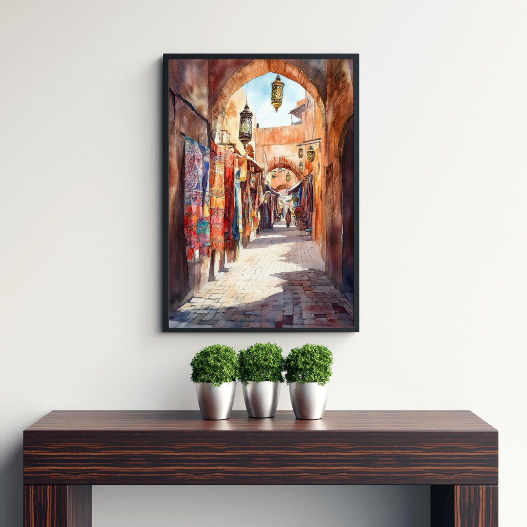 Marrakesh Watercolour Painting Poster Morocco Wall Art City Landscape Print Gift for Africa Lovers and Fans of Scenic Moroccan Architecture