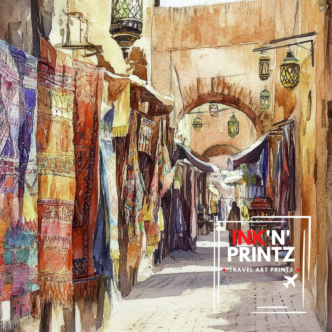 Marrakesh Watercolour Painting Poster Morocco Wall Art City Landscape Print Gift for Africa Lovers and Fans of Scenic Moroccan Architecture
