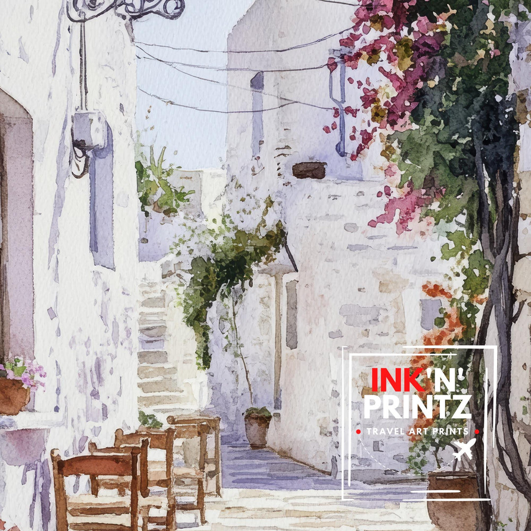 Naxos Greece Watercolor Painting Poster Wall Art Coastal Island Scene Print Gift for Europe Lovers and Fans of Scenic Greek Mediterranean