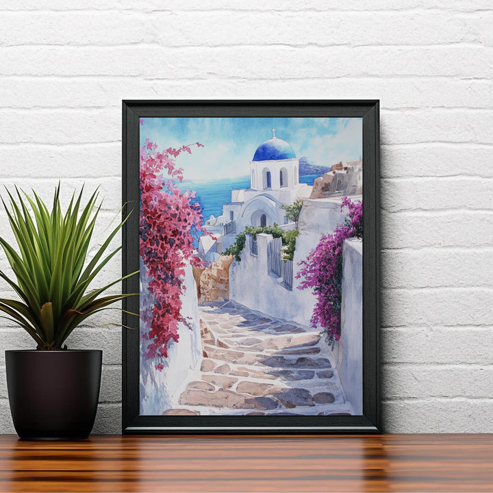 Santorini Watercolour Painting Poster Greece Wall Art Coastal Island Scene Print Gift for Europe Lovers and Fans of Scenic Greek