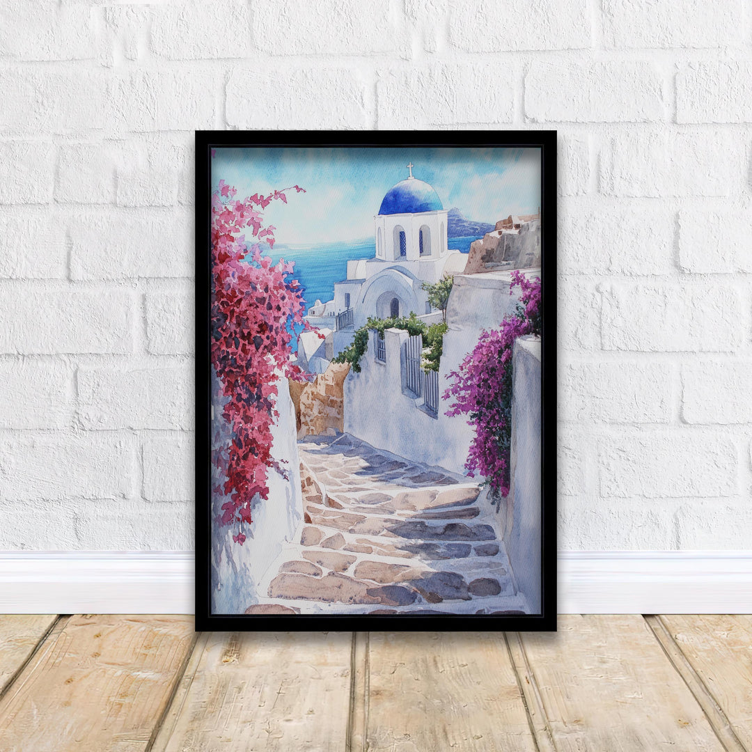 Santorini Watercolour Painting Poster Greece Wall Art Coastal Island Scene Print Gift for Europe Lovers and Fans of Scenic Greek