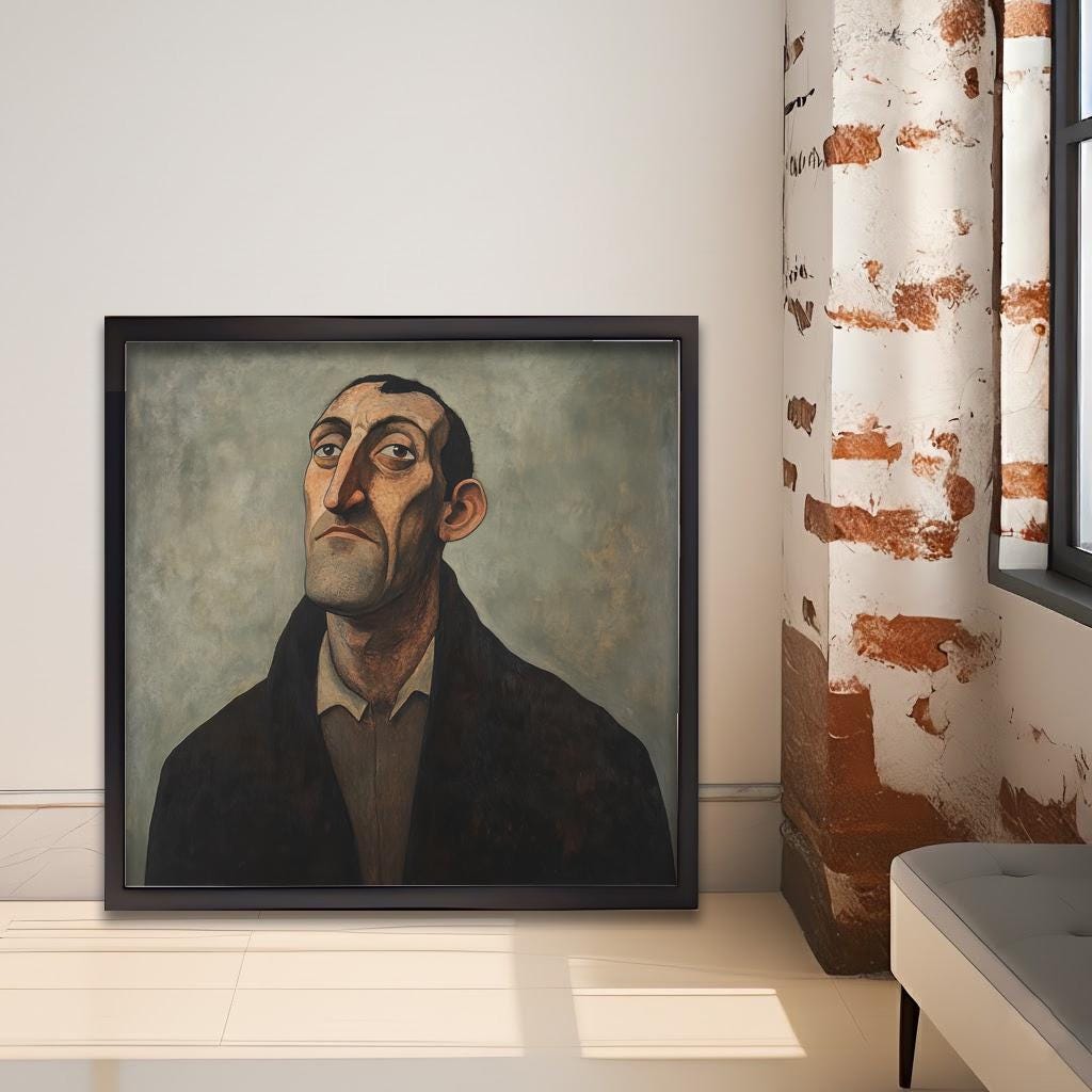 Man With Thoughtful Expression Art Print Modern Naive Portrait Wall Art Heritage Collection Painting Contemporary Figurative Decor