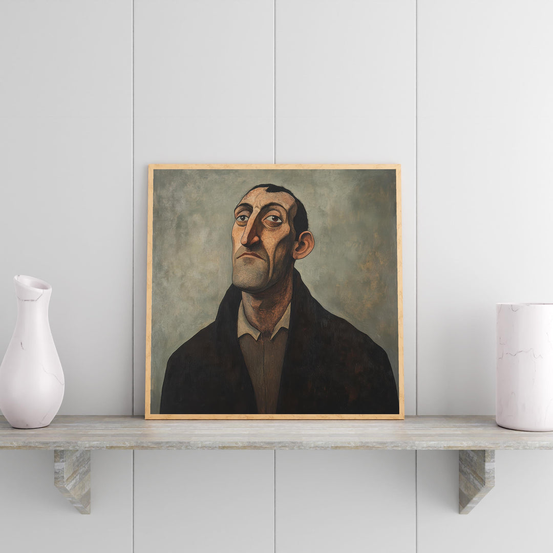 Man With Thoughtful Expression Art Print Modern Naive Portrait Wall Art Heritage Collection Painting Contemporary Figurative Decor