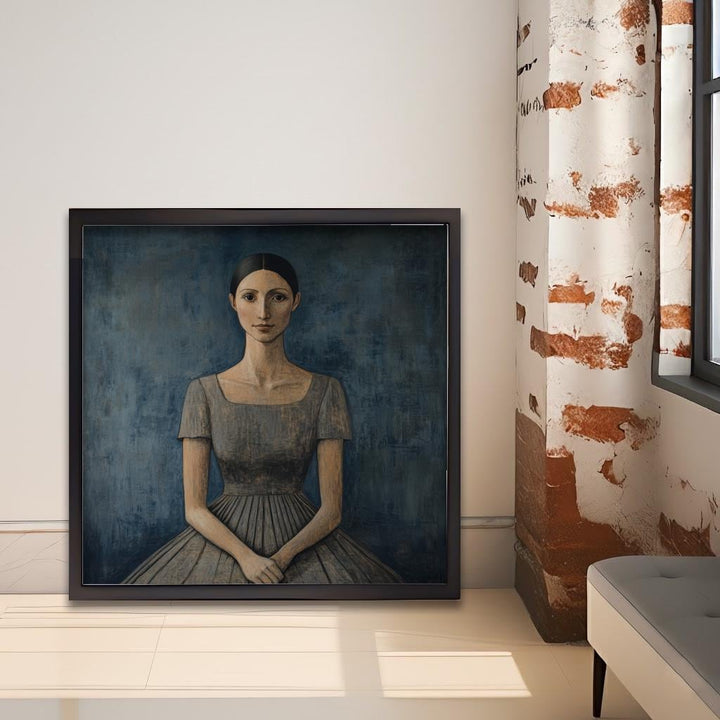 Seated Woman In Blue Dress Art Print Modern Naive Portrait Wall Art Heritage Collection Painting Contemporary Figurative Decor