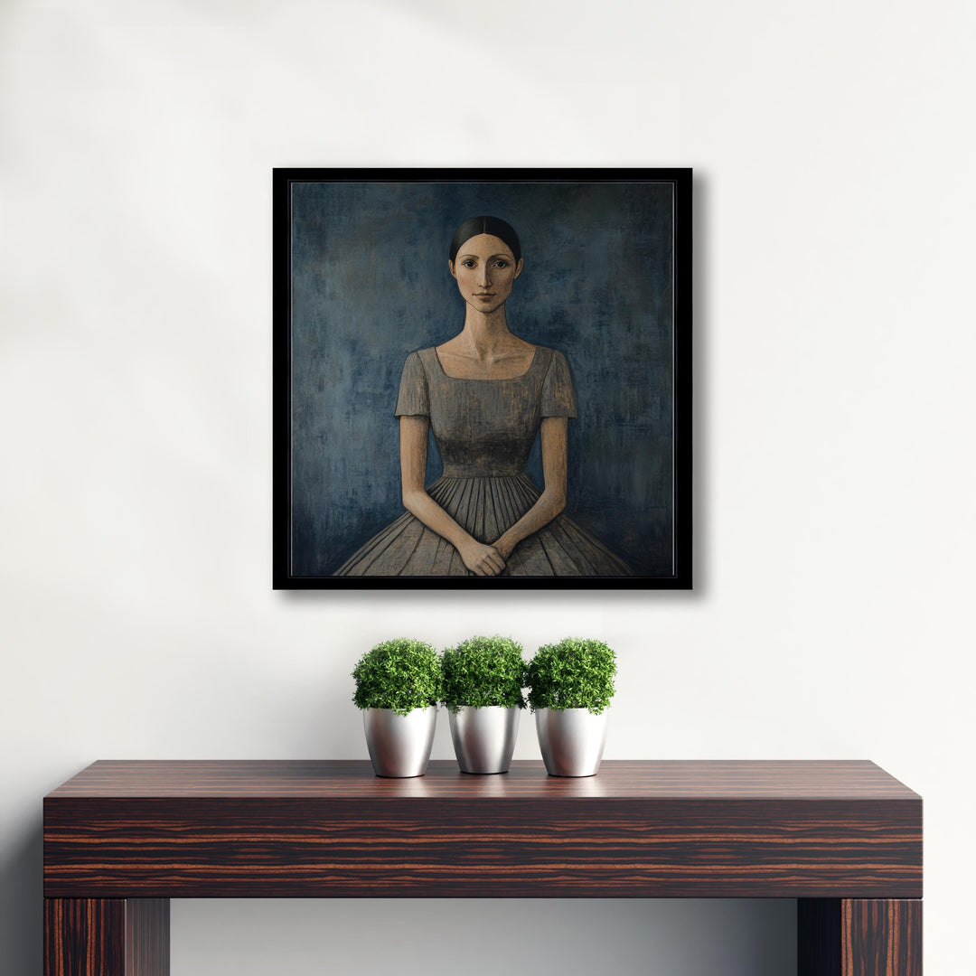 Seated Woman In Blue Dress Art Print Modern Naive Portrait Wall Art Heritage Collection Painting Contemporary Figurative Decor