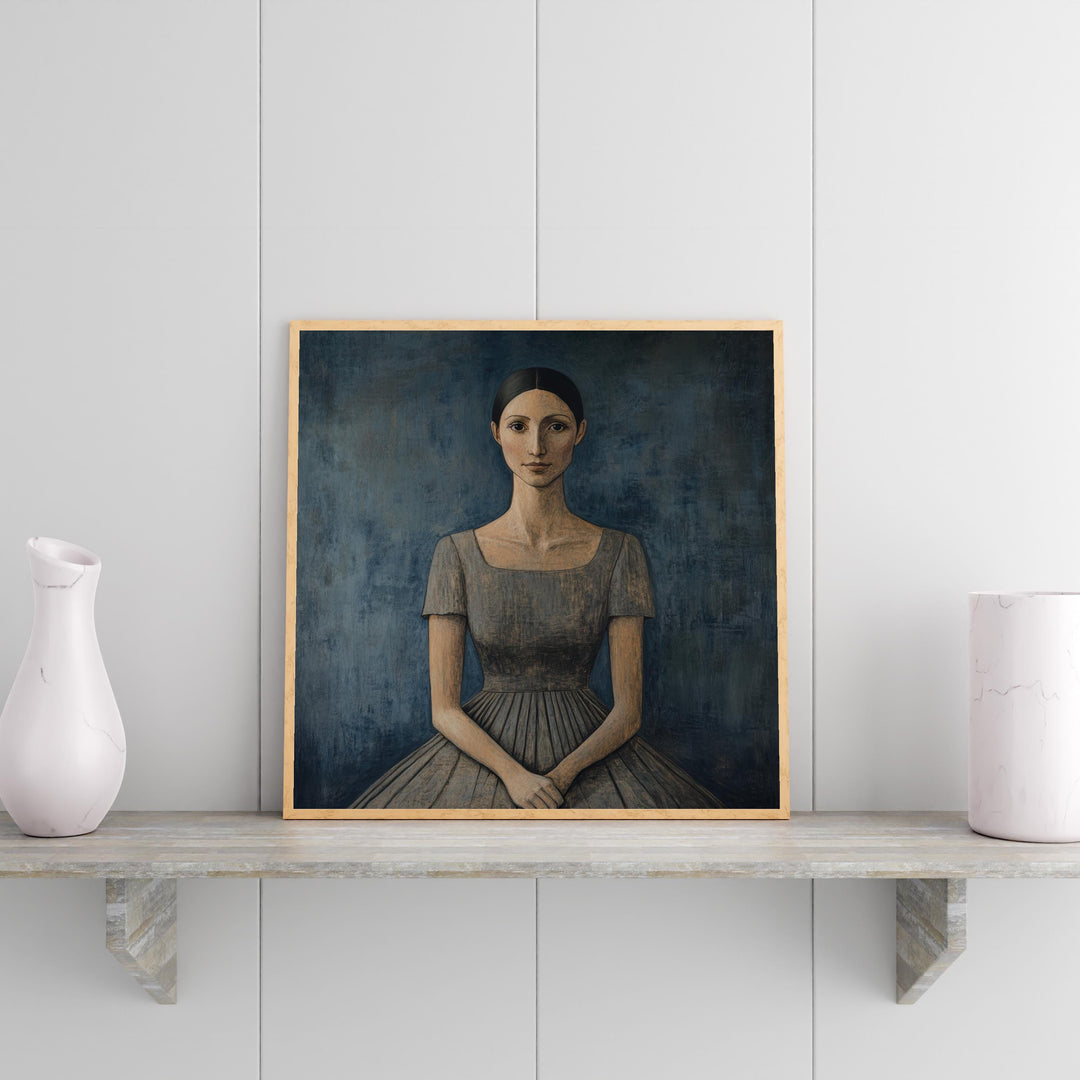 Seated Woman In Blue Dress Art Print Modern Naive Portrait Wall Art Heritage Collection Painting Contemporary Figurative Decor