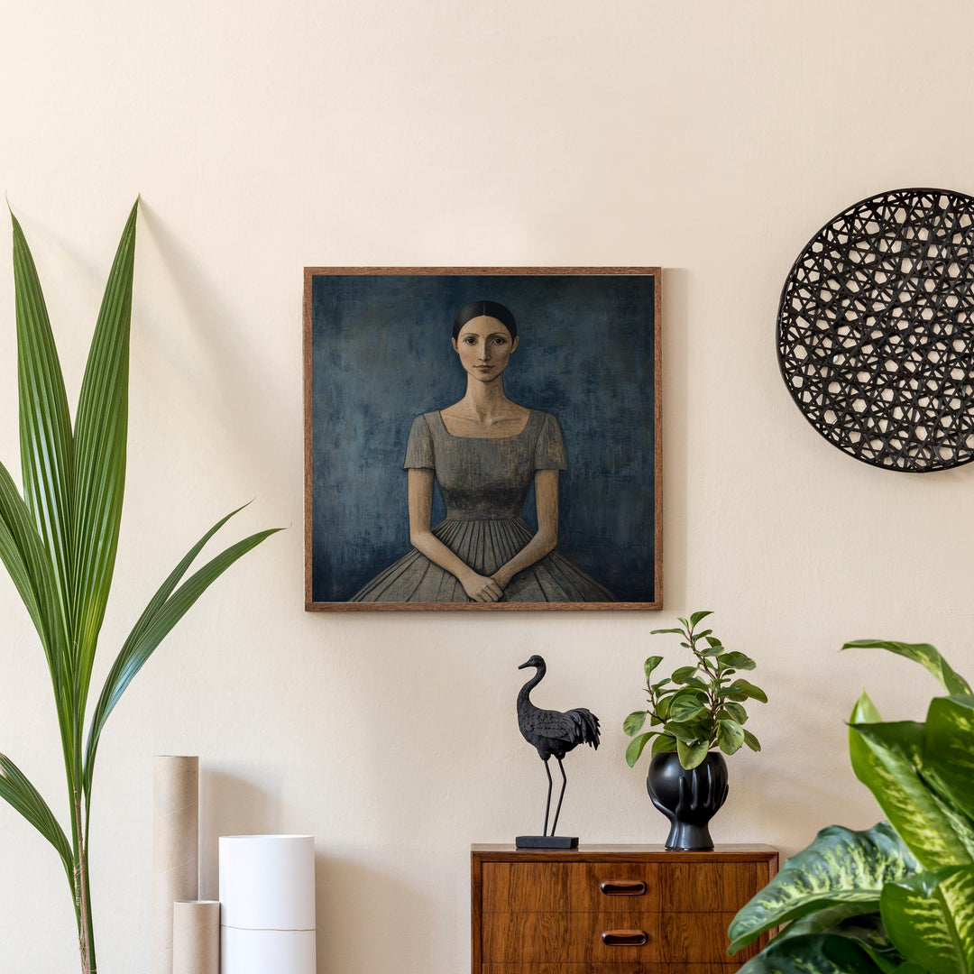 Seated Woman In Blue Dress Art Print Modern Naive Portrait Wall Art Heritage Collection Painting Contemporary Figurative Decor