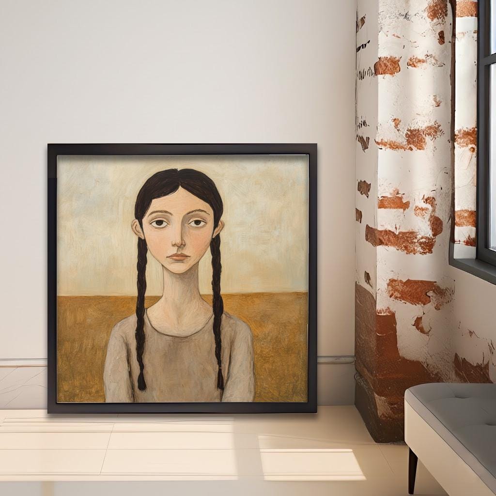 Girl With Braided Hair Art Print Modern Naive Portrait Wall Art Rustic Figurative Painting Heritage Collection Country Home Decor
