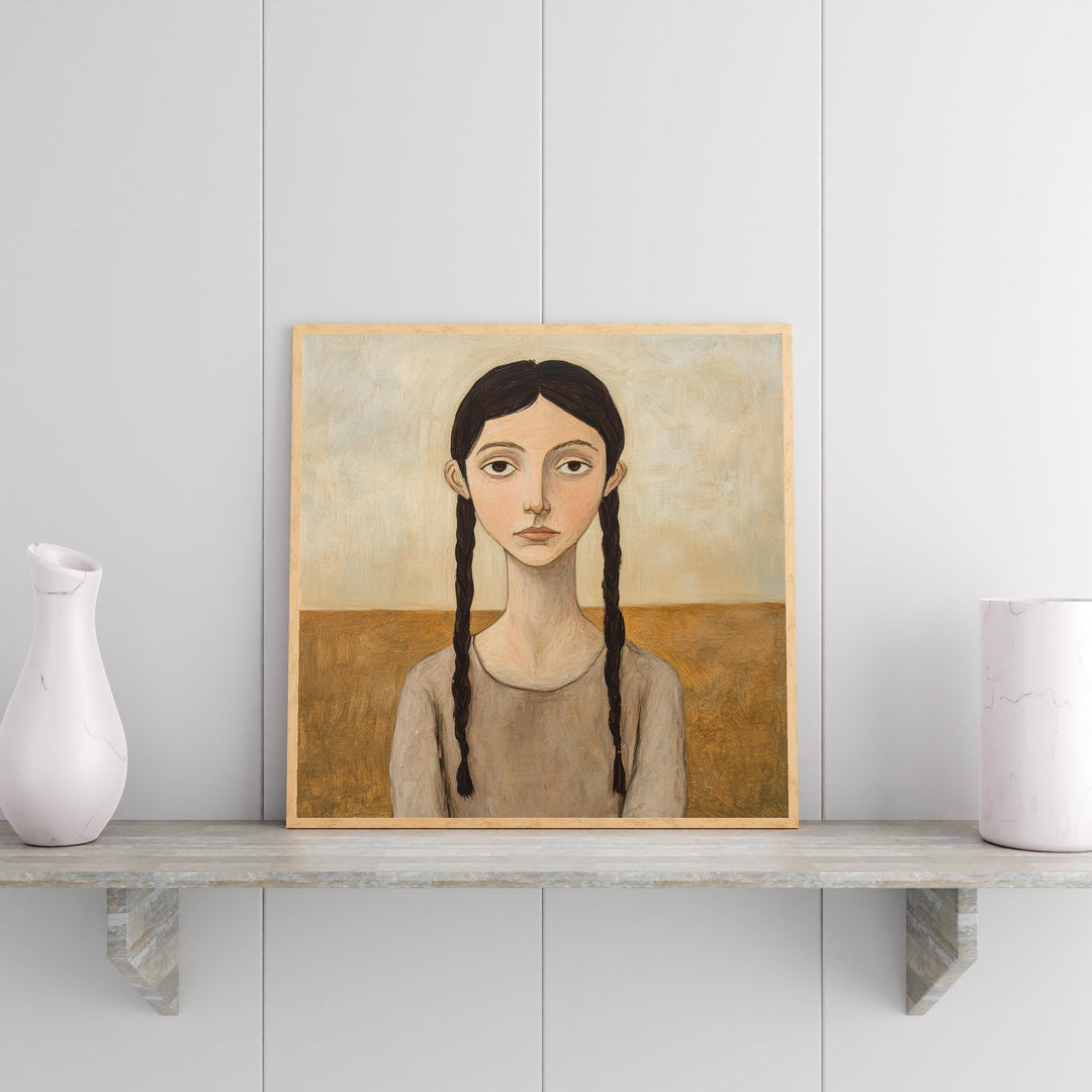 Girl With Braided Hair Art Print Modern Naive Portrait Wall Art Rustic Figurative Painting Heritage Collection Country Home Decor