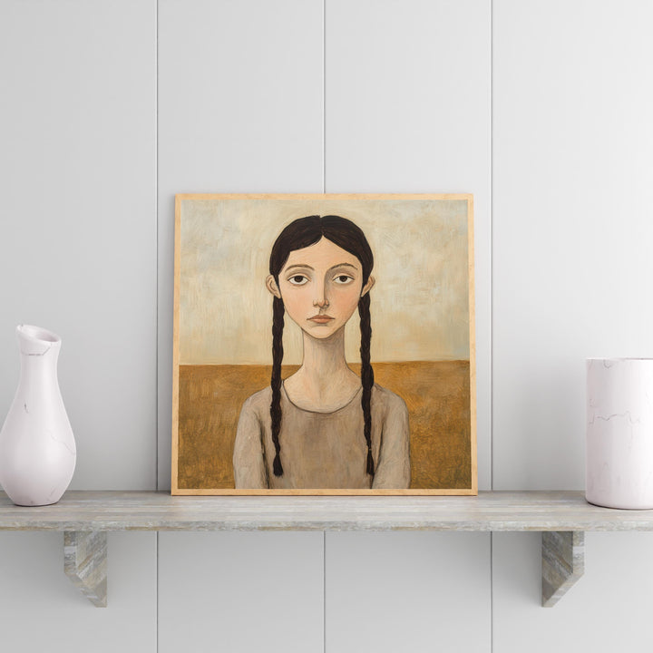 Girl With Braided Hair Art Print Modern Naive Portrait Wall Art Rustic Figurative Painting Heritage Collection Country Home Decor