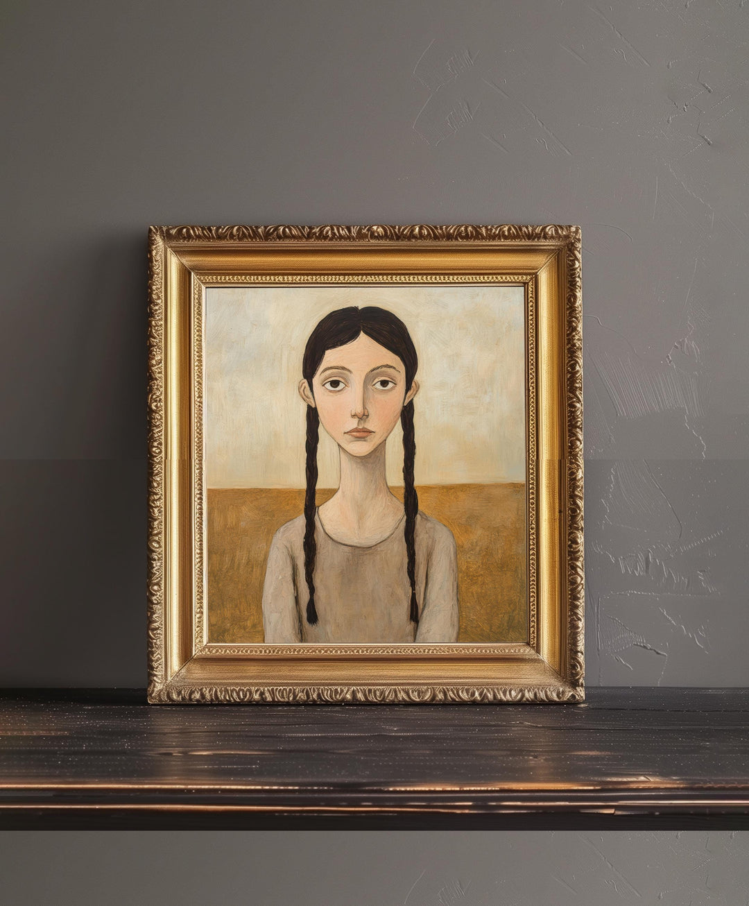 Girl With Braided Hair Art Print Modern Naive Portrait Wall Art Rustic Figurative Painting Heritage Collection Country Home Decor
