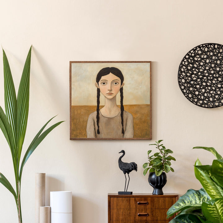 Girl With Braided Hair Art Print Modern Naive Portrait Wall Art Rustic Figurative Painting Heritage Collection Country Home Decor