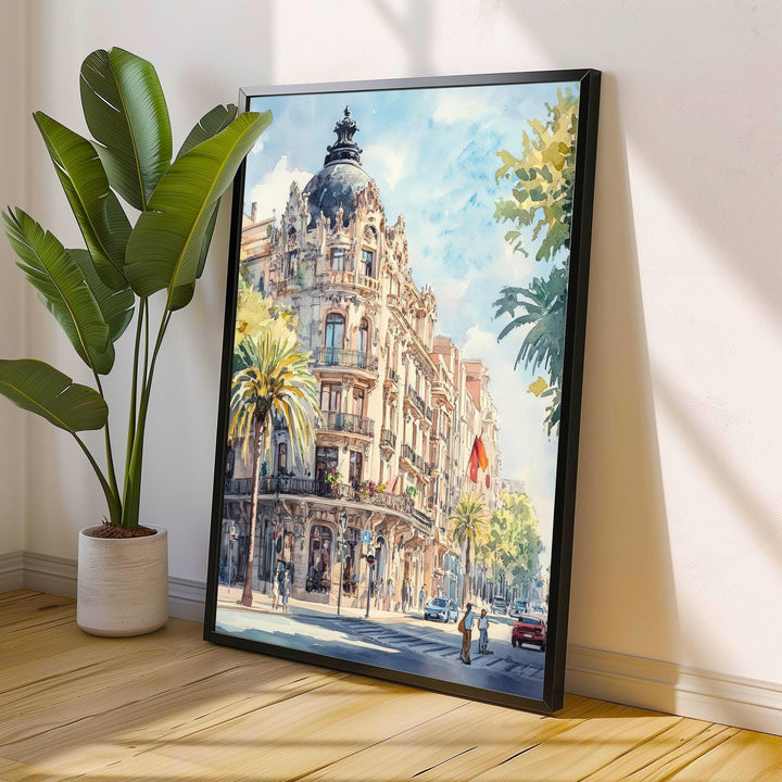 Barcelona Watercolour Painting Poster Spain Wall Art City Landscape Print Gift for Europe Lovers and Fans of Scenic Catalonia Architecture
