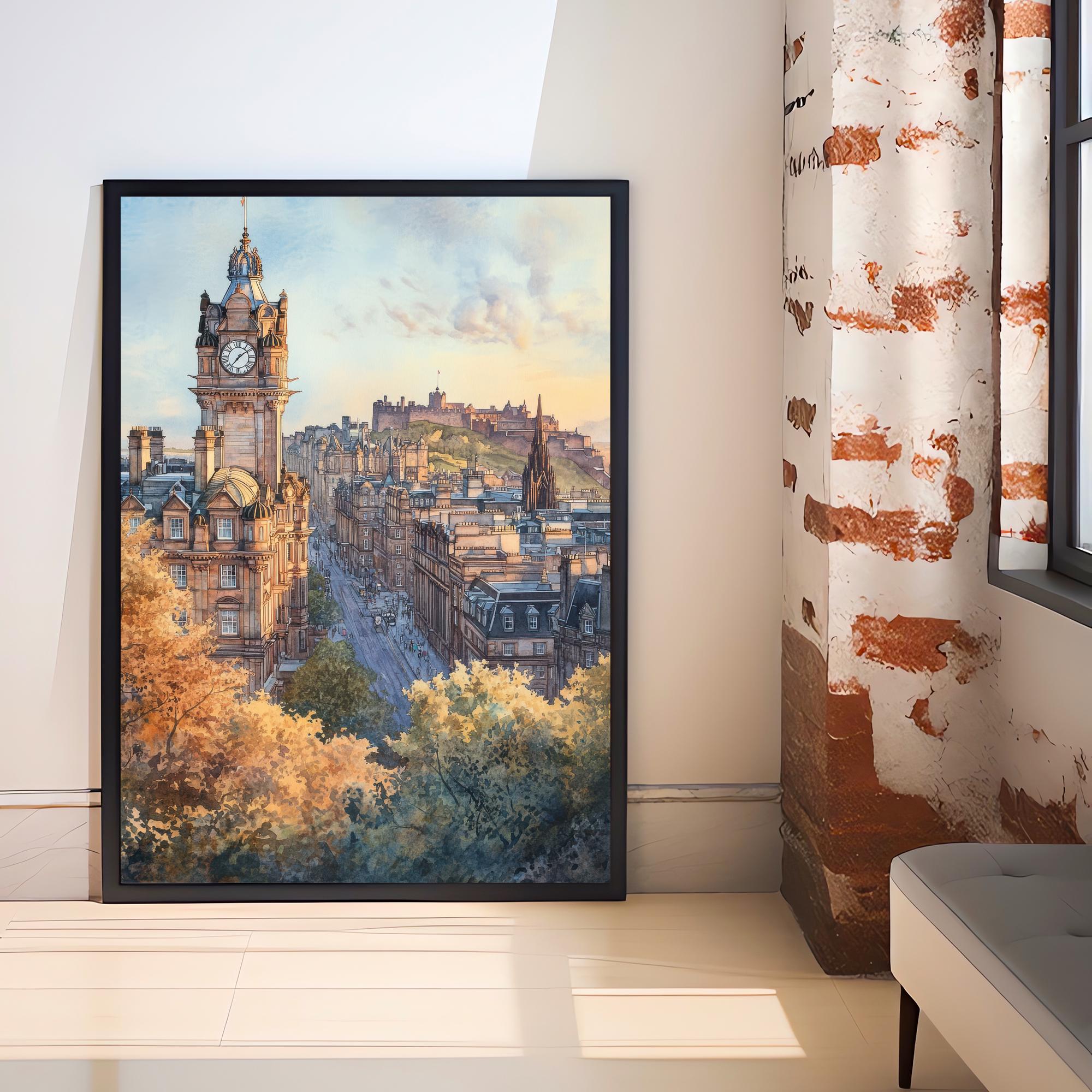 Edinburgh Scotland Watercolour Painting Poster Wall Art Historic City Landscape Print Gift for UK Travel Lovers and Fans of Scenic Scottish