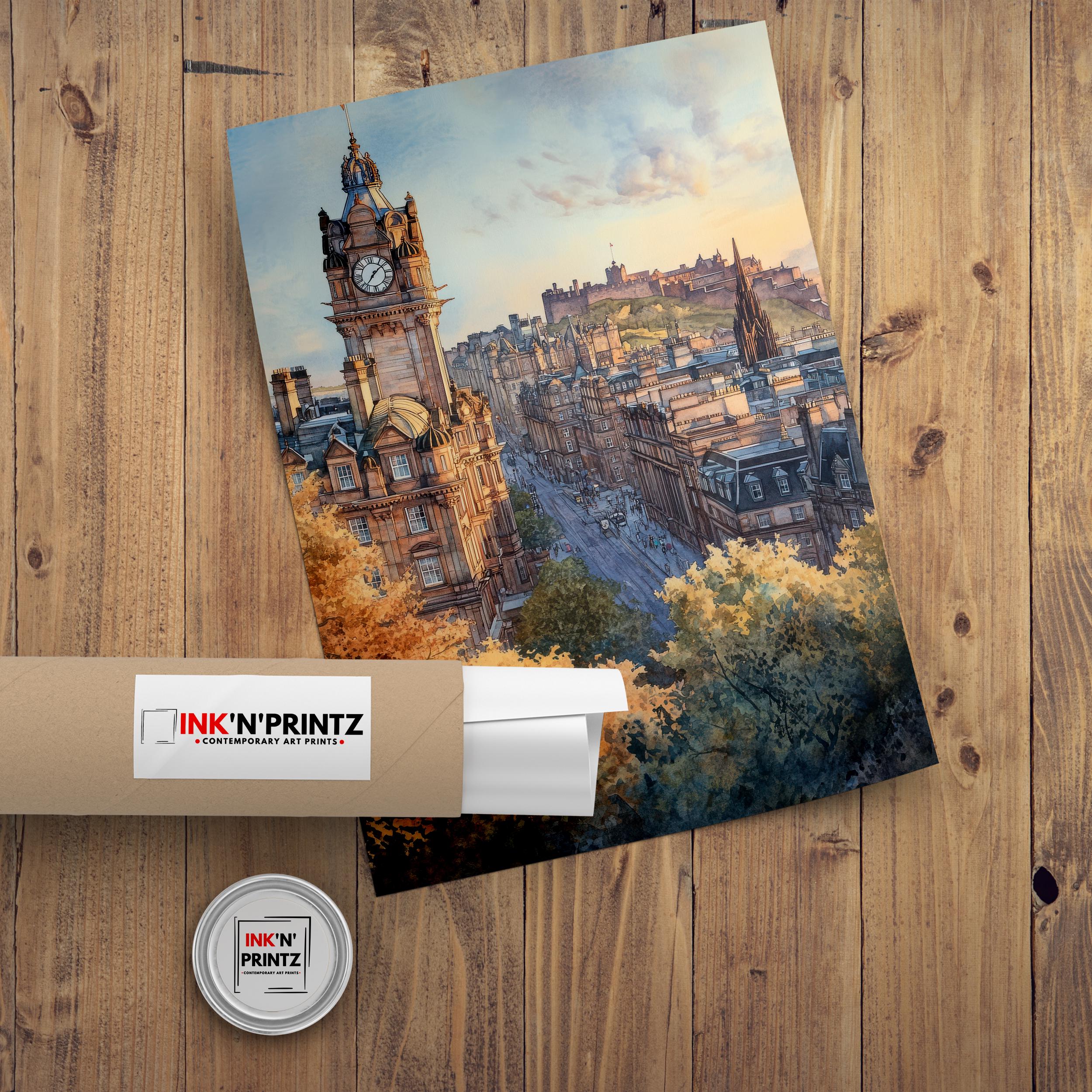 Edinburgh Scotland Watercolour Painting Poster Wall Art Historic City Landscape Print Gift for UK Travel Lovers and Fans of Scenic Scottish