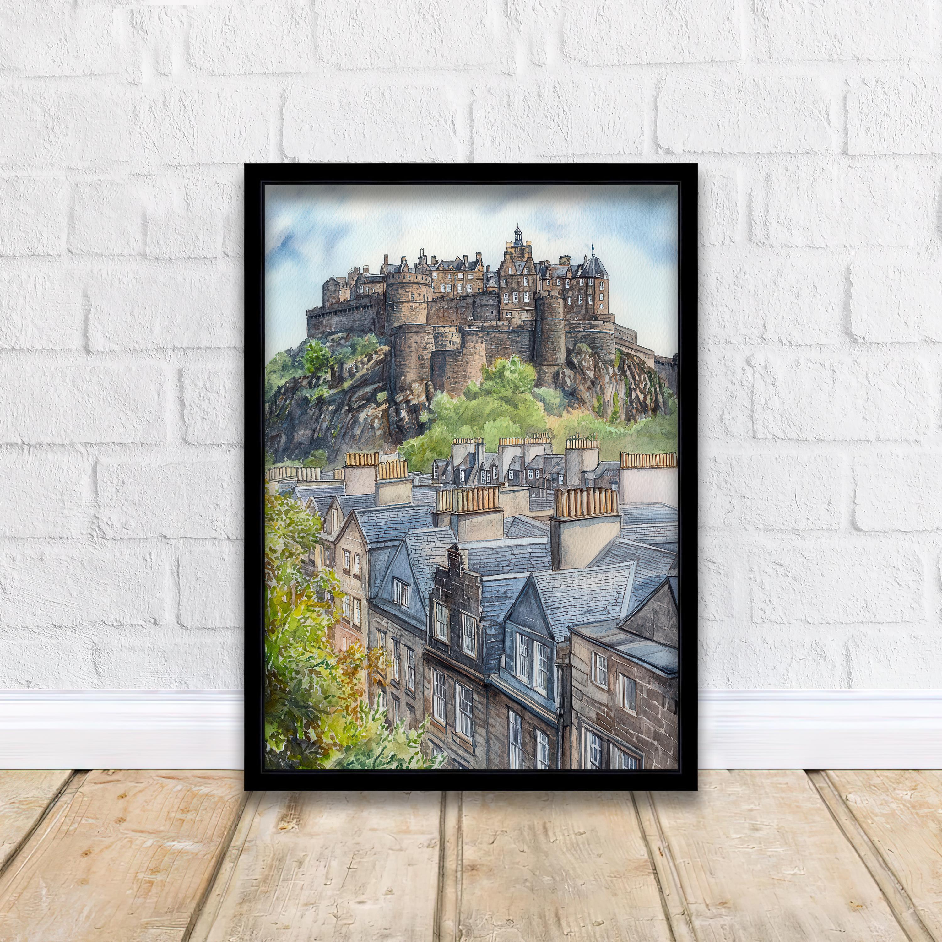 Edinburgh Watercolour Painting Poster Scotland Wall Art Historic City Landscape Print Gift for UK Travel Lovers and Fans of Scenic Scottish
