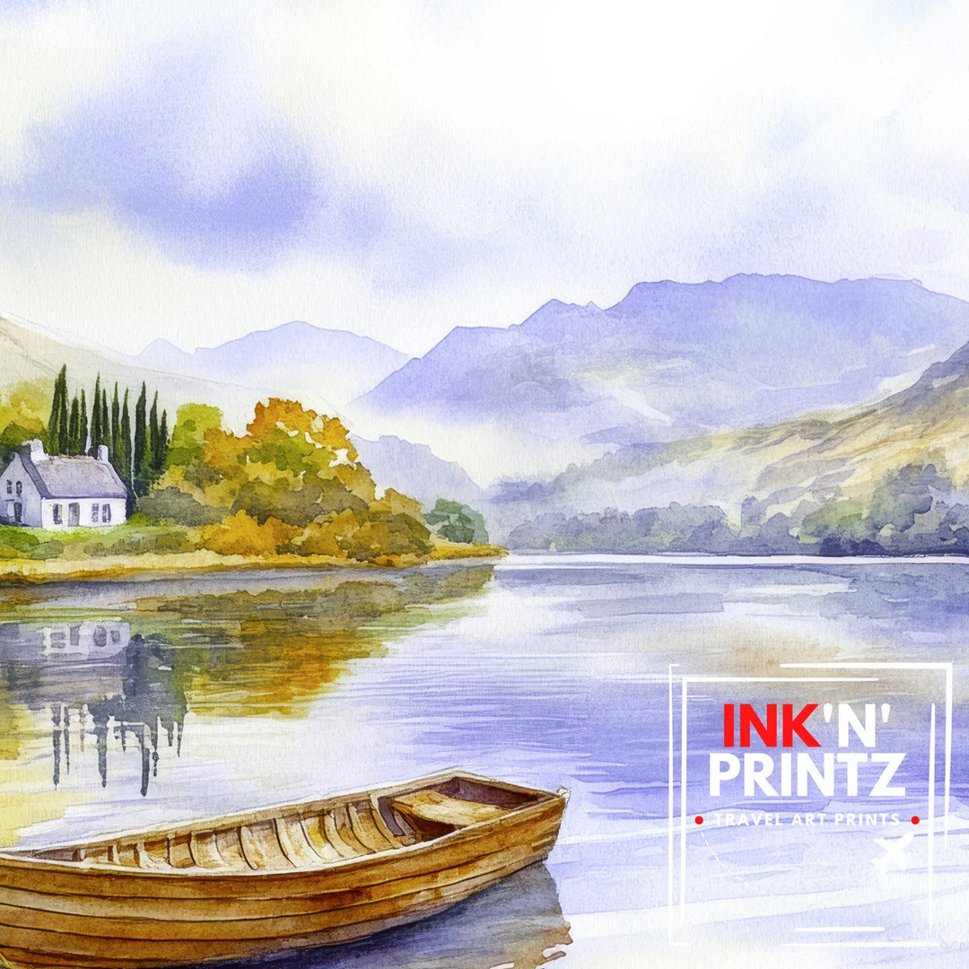 Lake District Watercolour Painting Poster England Wall Art Countryside Landscape Print Gift for UK Travel Lovers and Fans of Scenic
