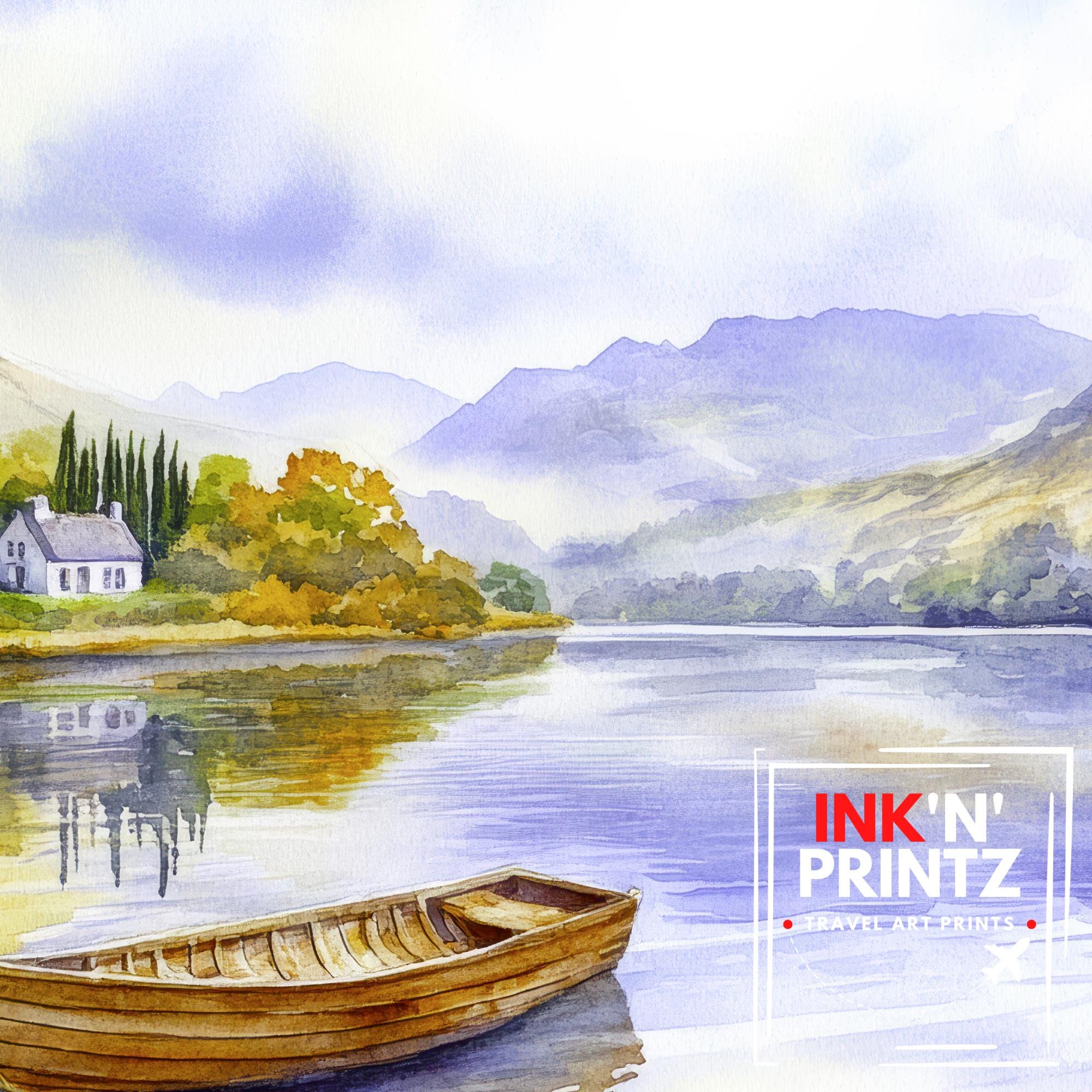 Lake District Watercolour Painting Poster England Wall Art Countryside Landscape Print Gift for UK Travel Lovers and Fans of Scenic