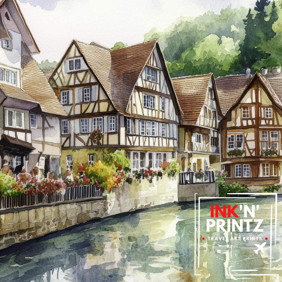 Black Forest Watercolor Painting Poster Germany Wall Art Mountain Landscape Print Gift for Europe Travel Lovers and Fans of Scenic German