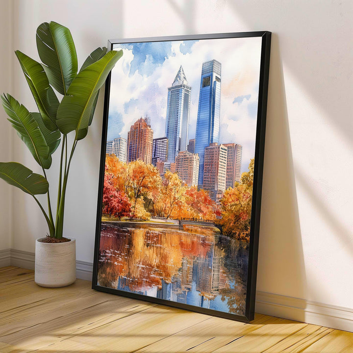 Philadelphia Watercolour Painting Poster USA Wall Art City Skyline Landscape Print Gift for American Travel Lovers and Fans of Scenic