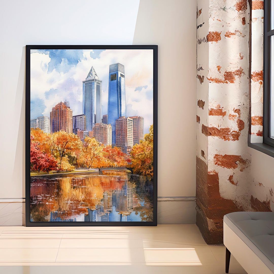 Philadelphia Watercolour Painting Poster USA Wall Art City Skyline Landscape Print Gift for American Travel Lovers and Fans of Scenic