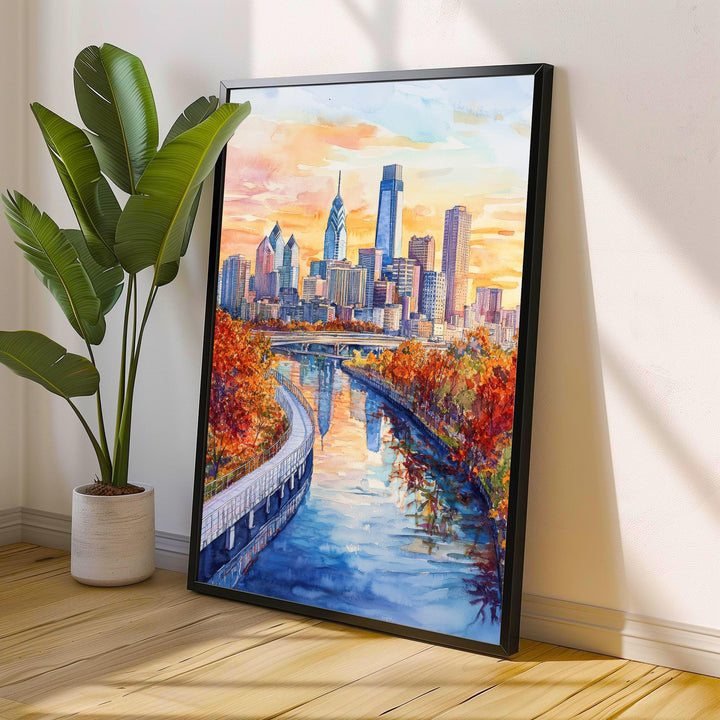 Philadelphia Watercolour Painting Poster USA Wall Art City Skyline Landscape Print Gift for American Travel Lovers and Fans of Scenic