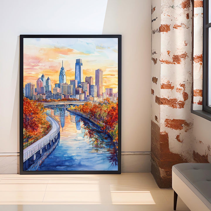 Philadelphia Watercolour Painting Poster USA Wall Art City Skyline Landscape Print Gift for American Travel Lovers and Fans of Scenic