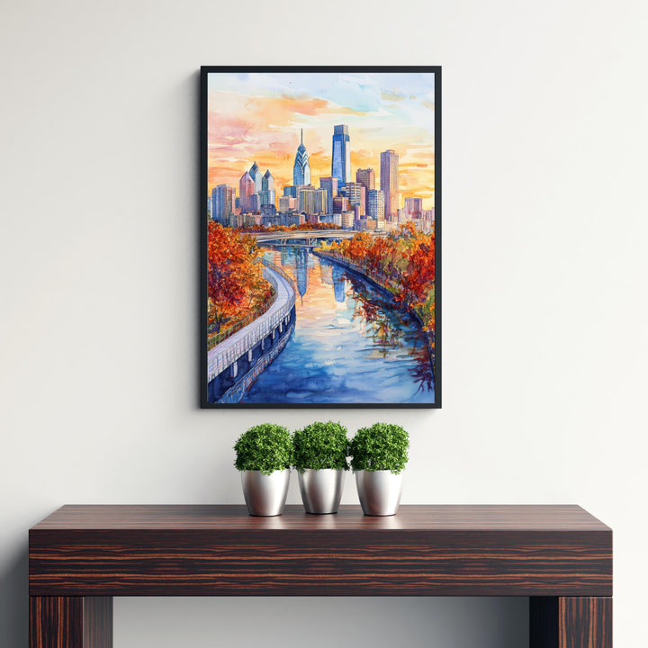 Philadelphia Watercolour Painting Poster USA Wall Art City Skyline Landscape Print Gift for American Travel Lovers and Fans of Scenic