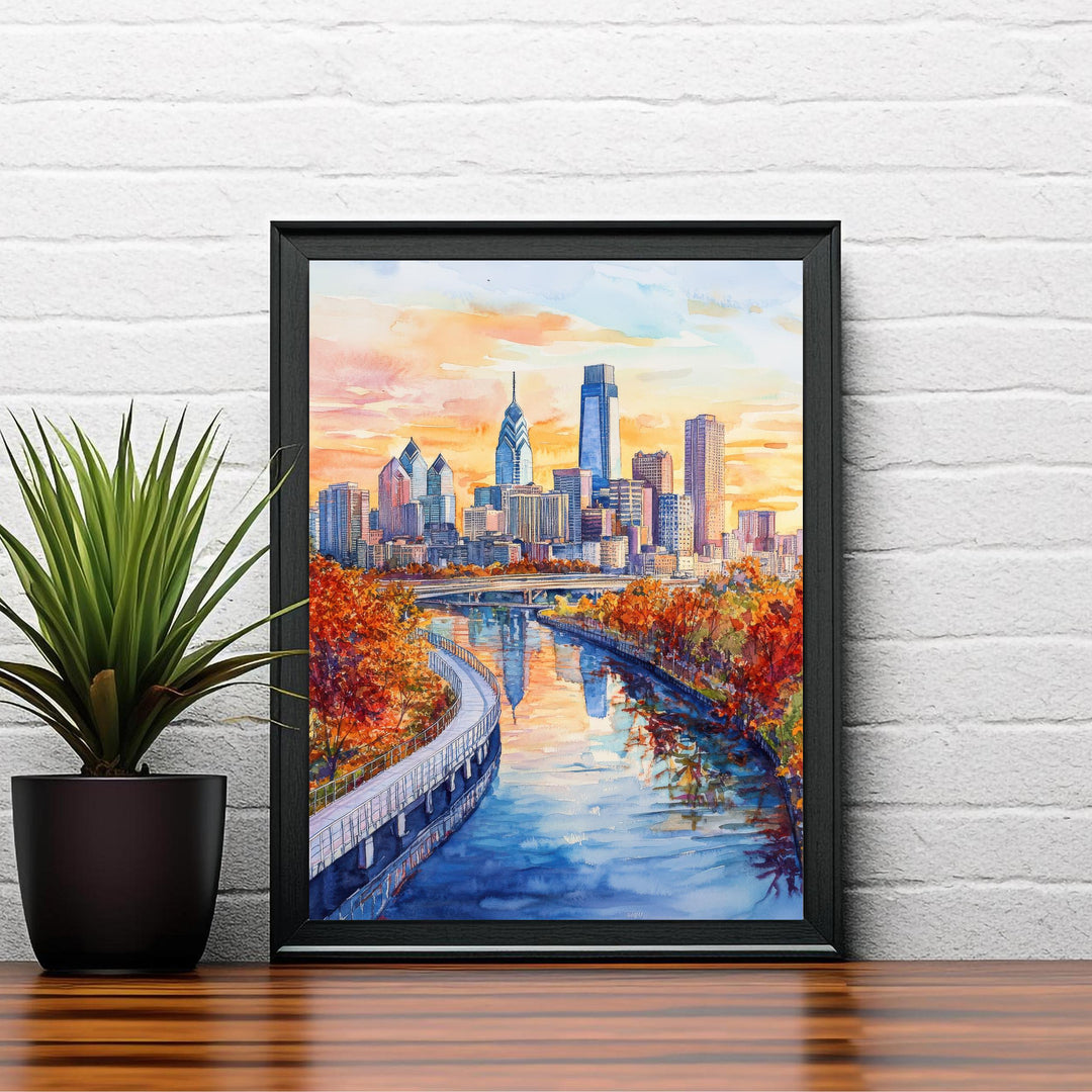 Philadelphia Watercolour Painting Poster USA Wall Art City Skyline Landscape Print Gift for American Travel Lovers and Fans of Scenic
