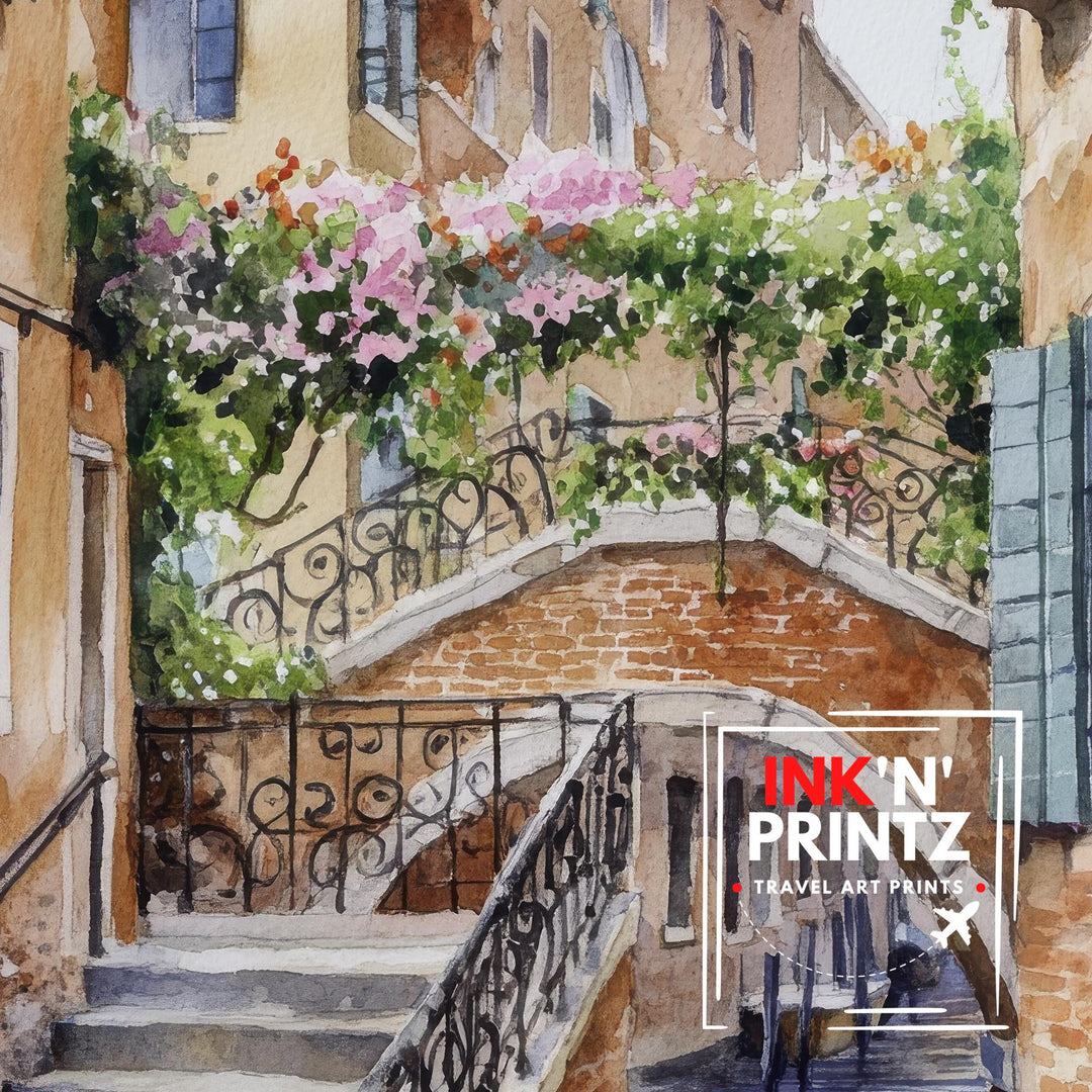 Venice Italy Watercolour Painting Poster Wall Art Canal City Landscape Print Gift for Europe Lovers and Fans of Scenic Italian Architecture