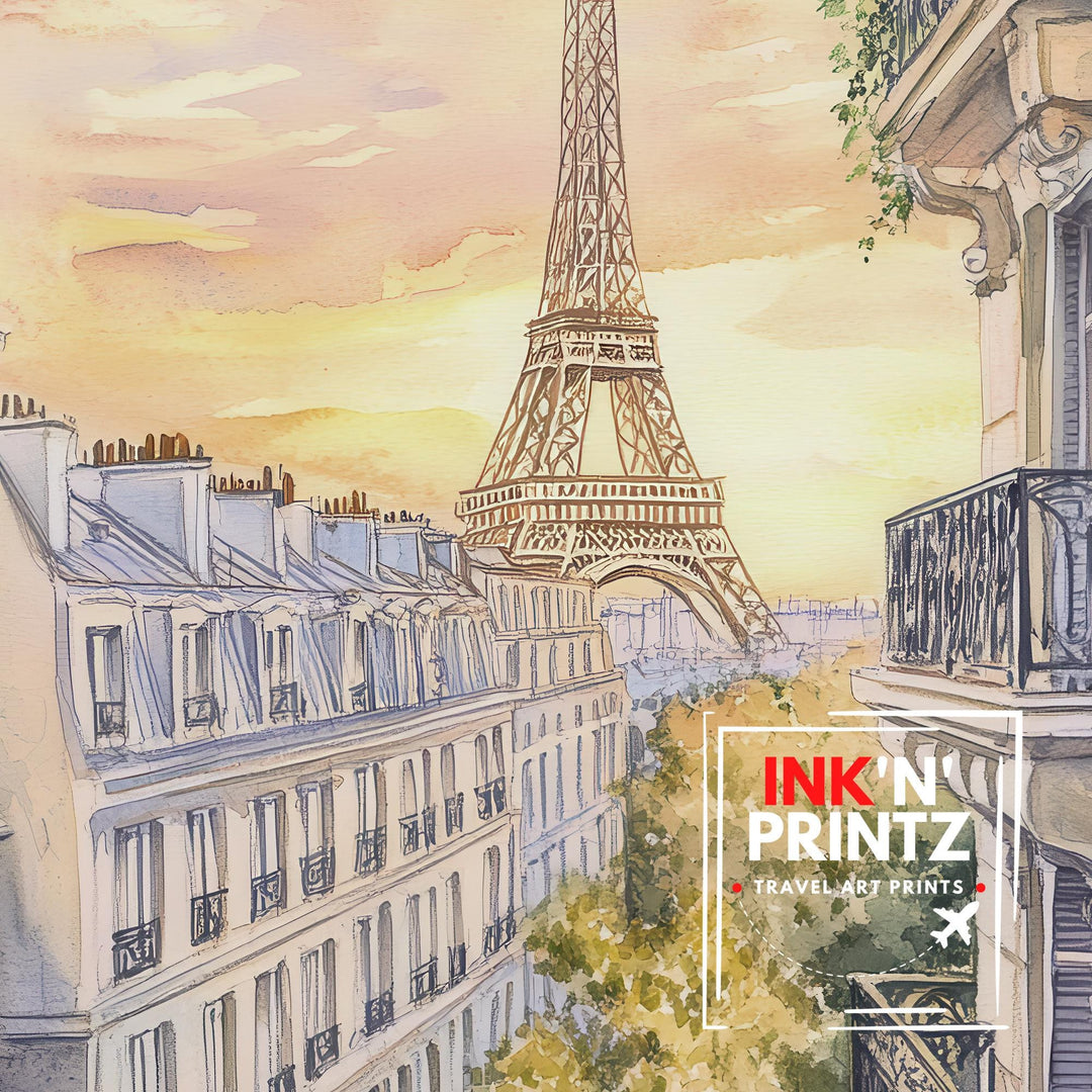 Paris Watercolour Painting Poster France Wall Art City Landscape Print Gift for Europe Travel Lovers and Fans of Scenic French Architecture