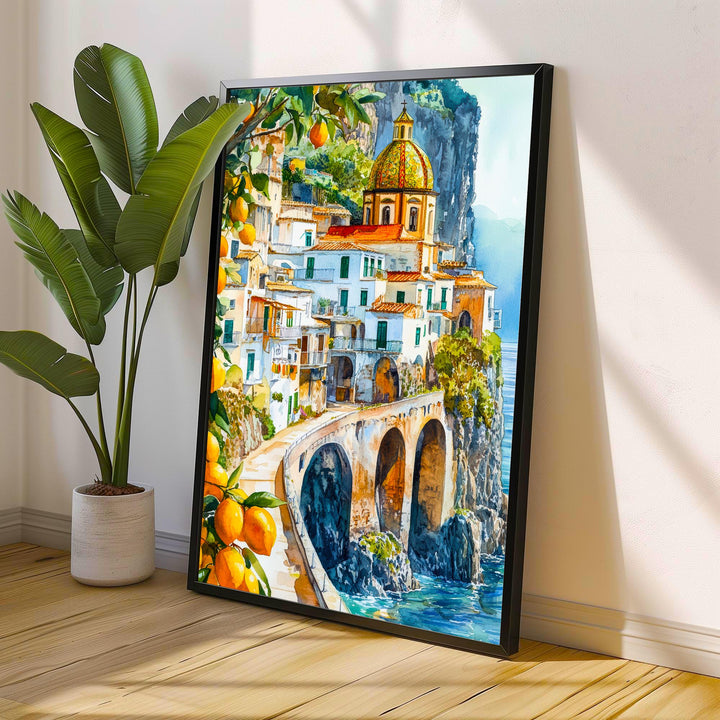 Amalfi Coast Watercolour Painting Poster Italy Wall Art Coastal Landscape Print Gift for Europe Lovers and Fans of Scenic Italian