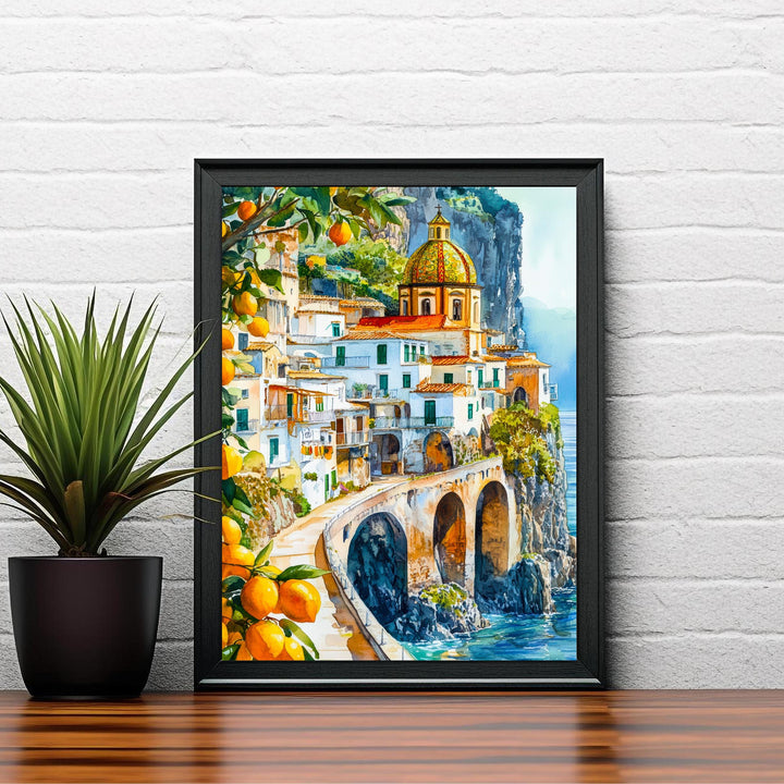 Amalfi Coast Watercolour Painting Poster Italy Wall Art Coastal Landscape Print Gift for Europe Lovers and Fans of Scenic Italian