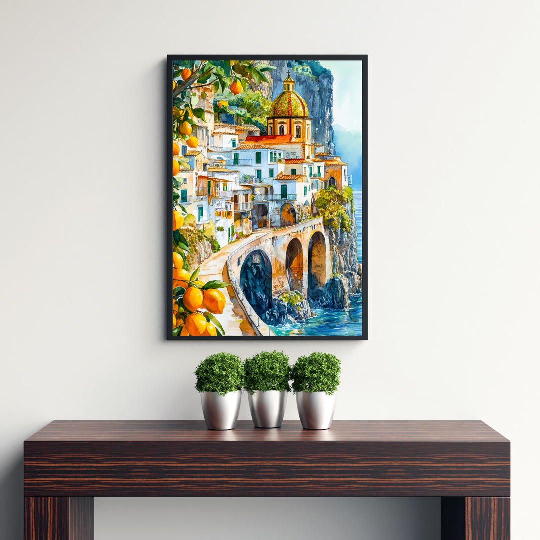 Amalfi Coast Watercolour Painting Poster Italy Wall Art Coastal Landscape Print Gift for Europe Lovers and Fans of Scenic Italian